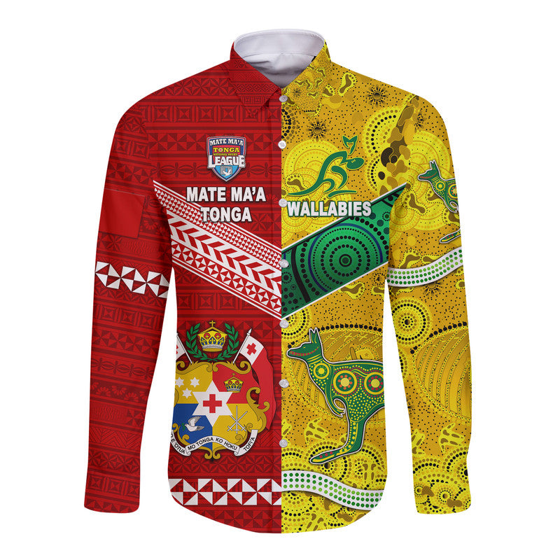Mate Ma'a Tonga Ngatu And Australia Wallabies Aboriginal Hawaii Long Sleeve Button Shirt Rugby Together