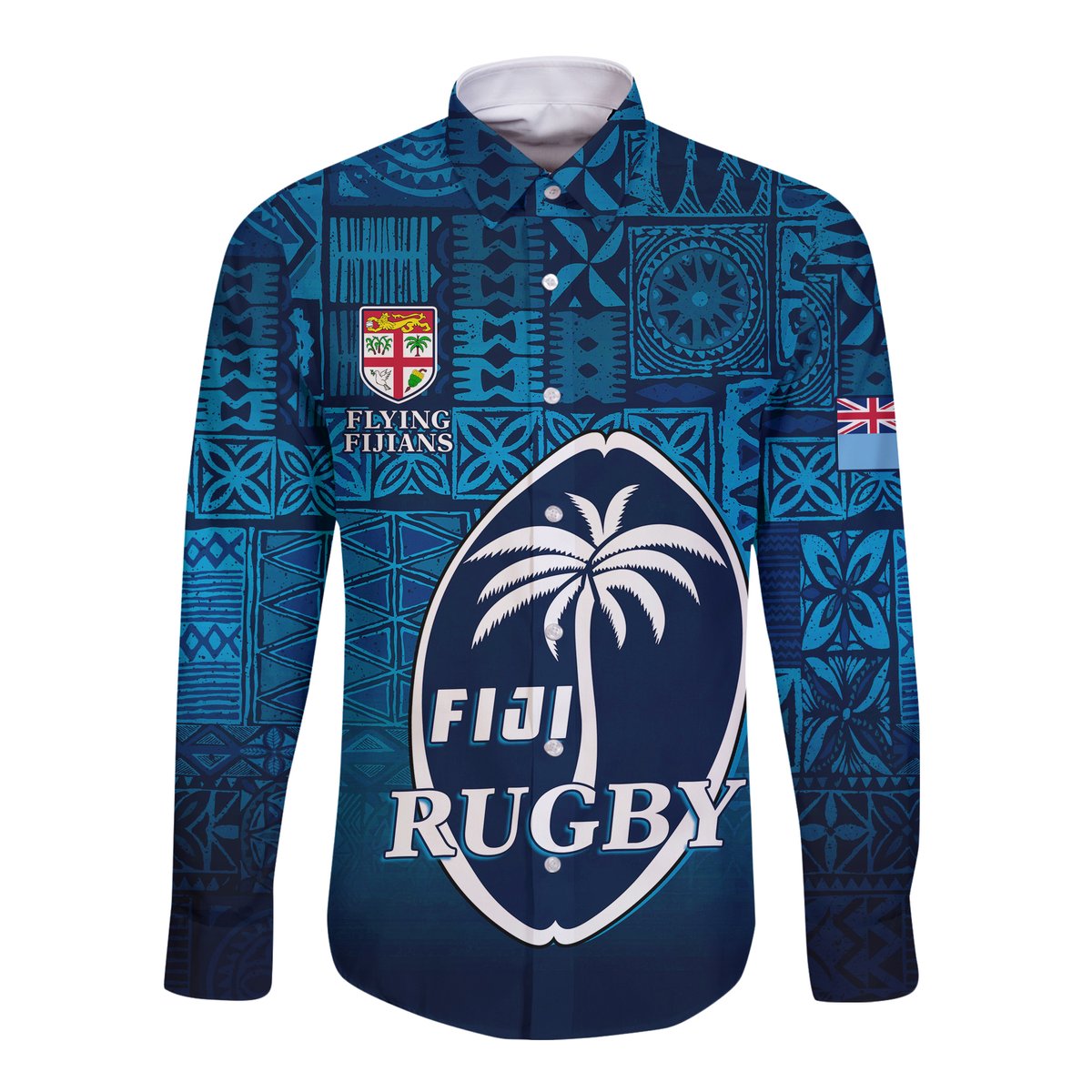 Fiji Rugby Hawaii Long Sleeve Button Shirt Flying Fijians Blue 02 Tapa Pattern