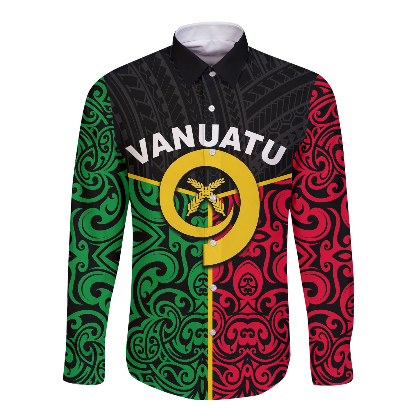Vanuatu Long Sleeve Button Shirt Polynesian Patterns Mix Flag