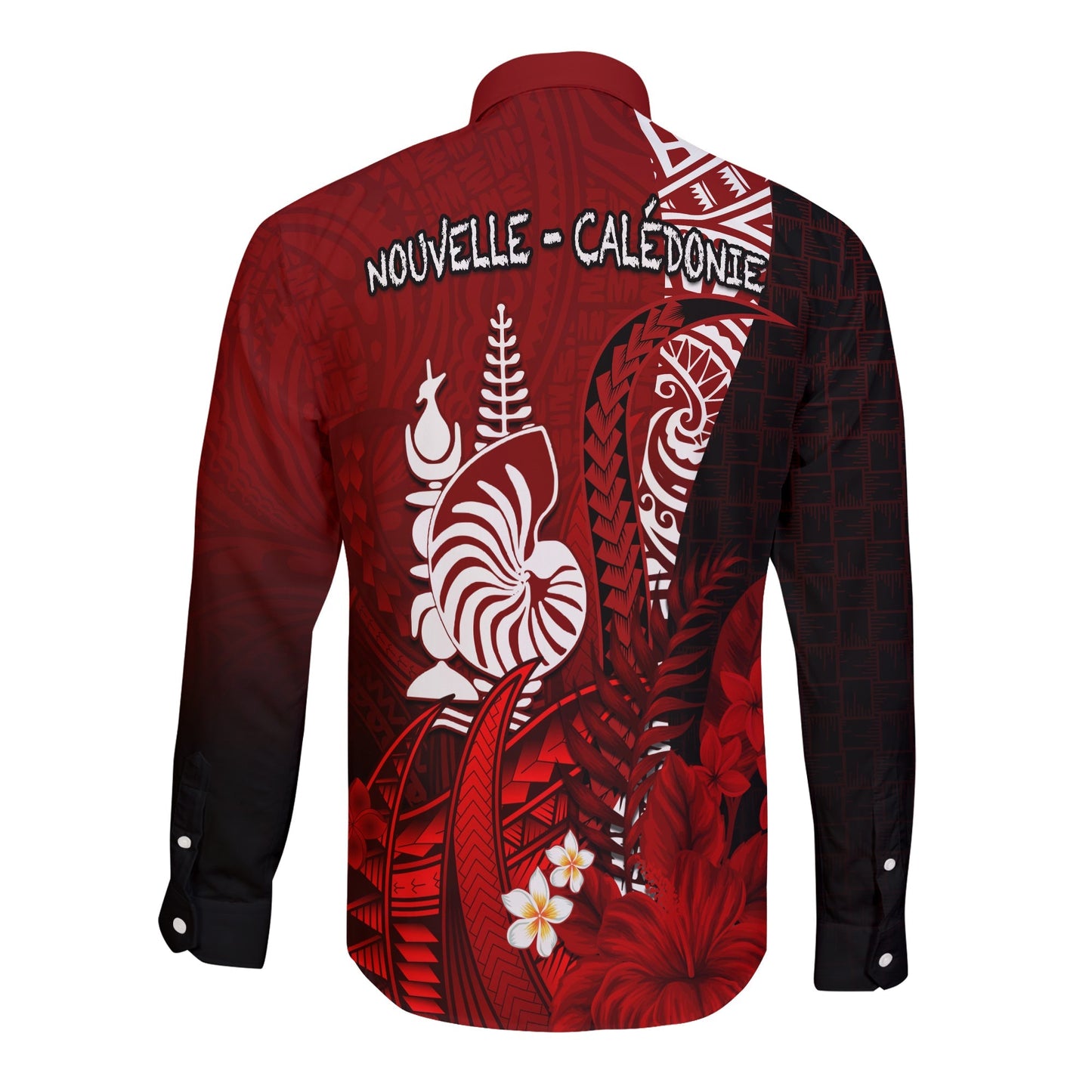 (Custom Personalised) New Caledonia Long Sleeve Button Shirt Nautilus Red Polynesian Hibiscus