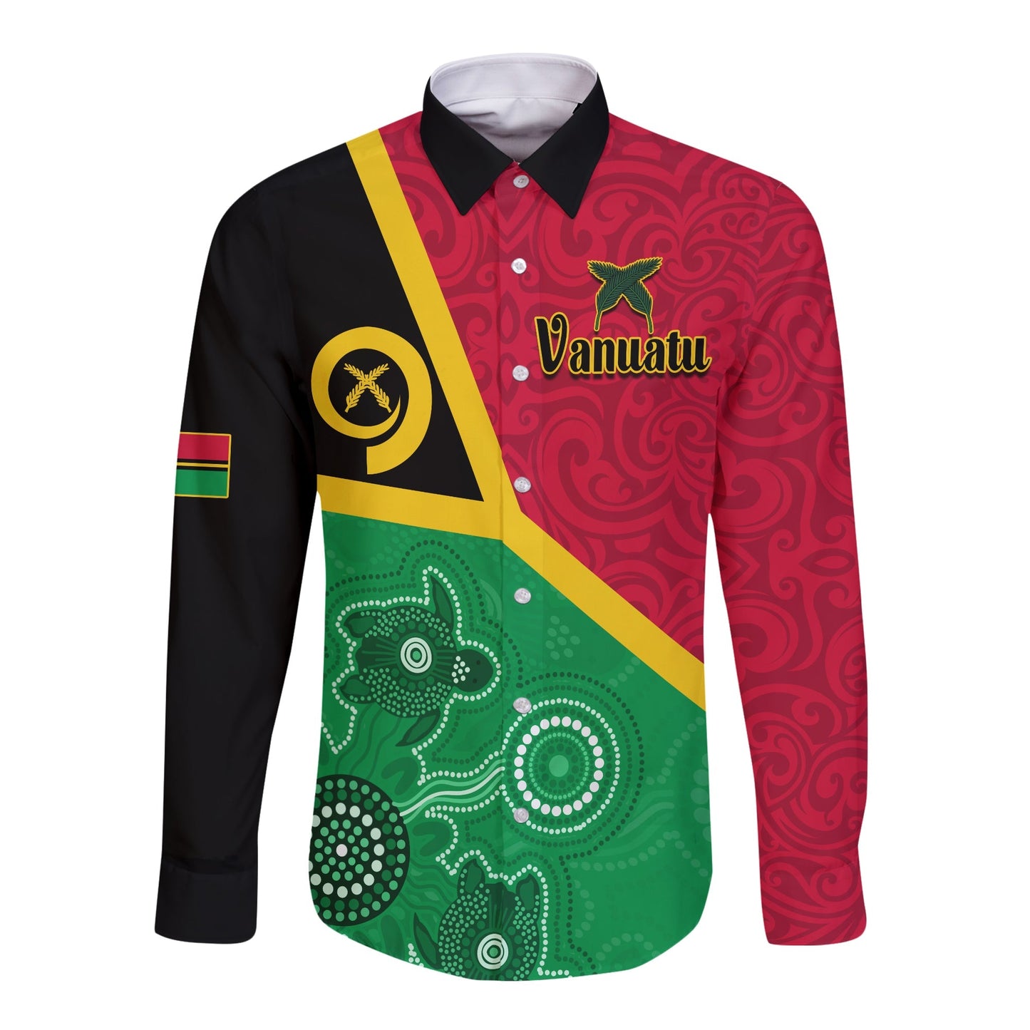 Vanuatu Long Sleeve Button Shirt Aboriginal Turtle Mix Sand Drawing