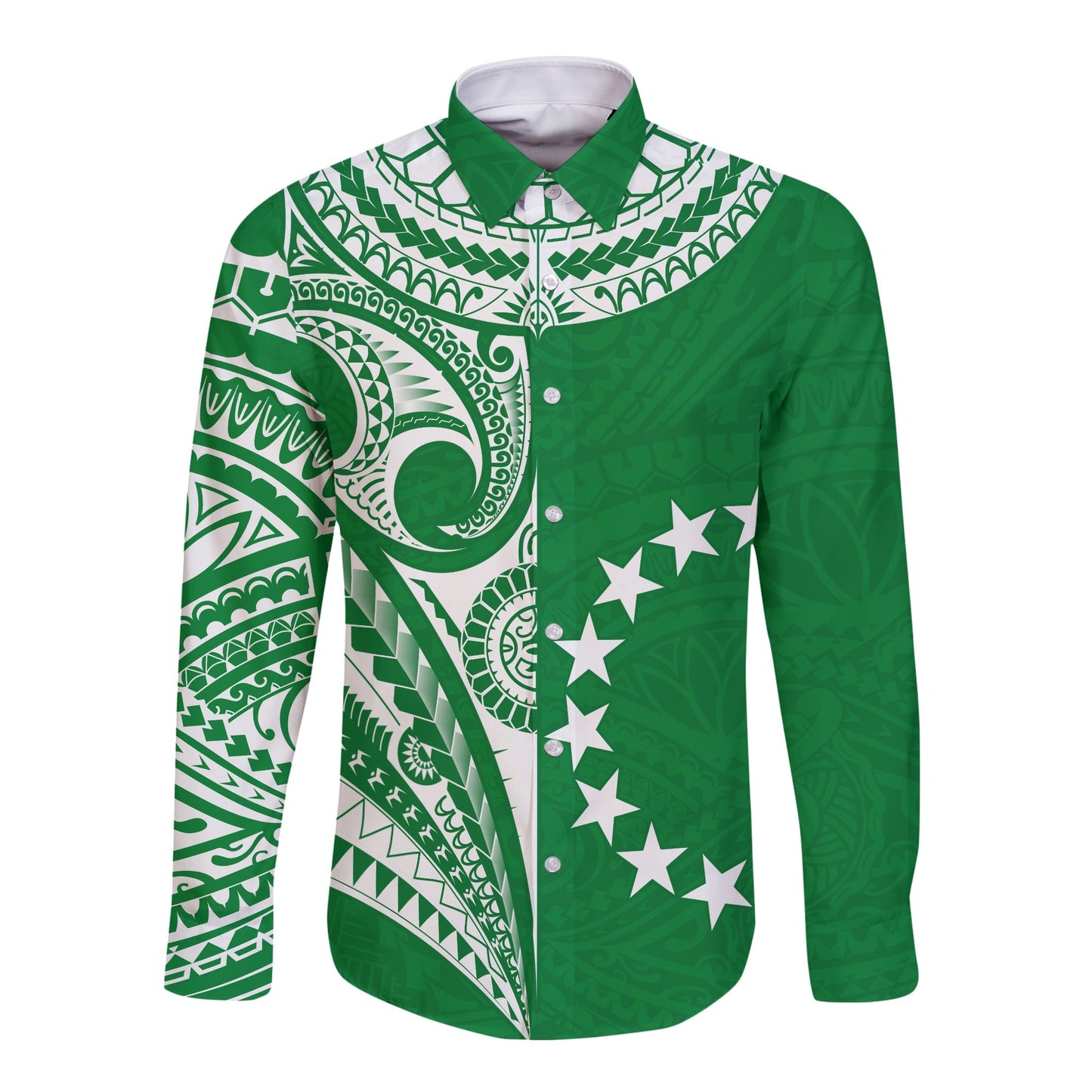 (Custom Text and Number) Cook Islands Tatau Long Sleeve Button Shirt Symbolize Passion Stars Version Green