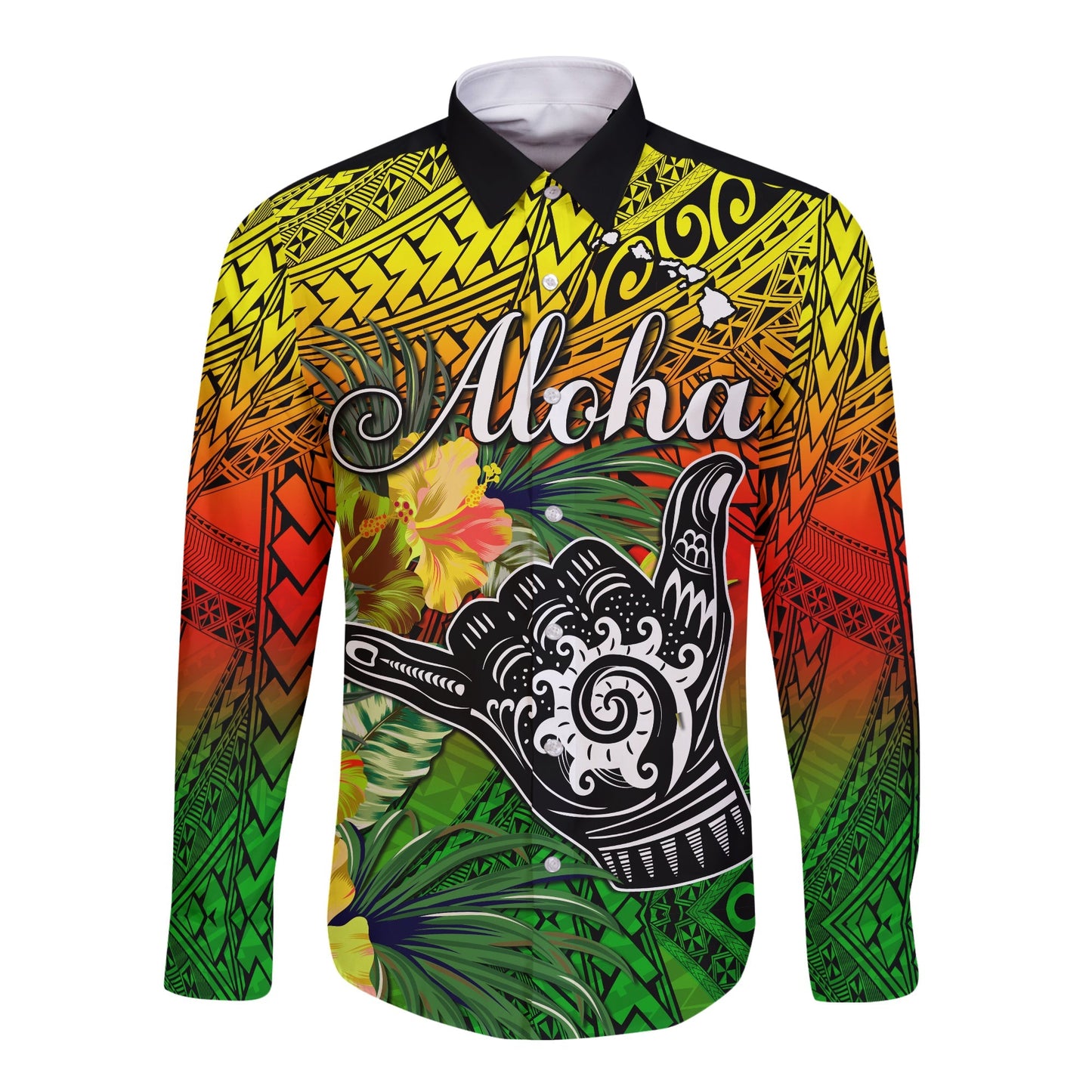 (Custom Personalised) The Shaka Hawaii Long Sleeve Button Shirt Tropical Flowers Reggae Version