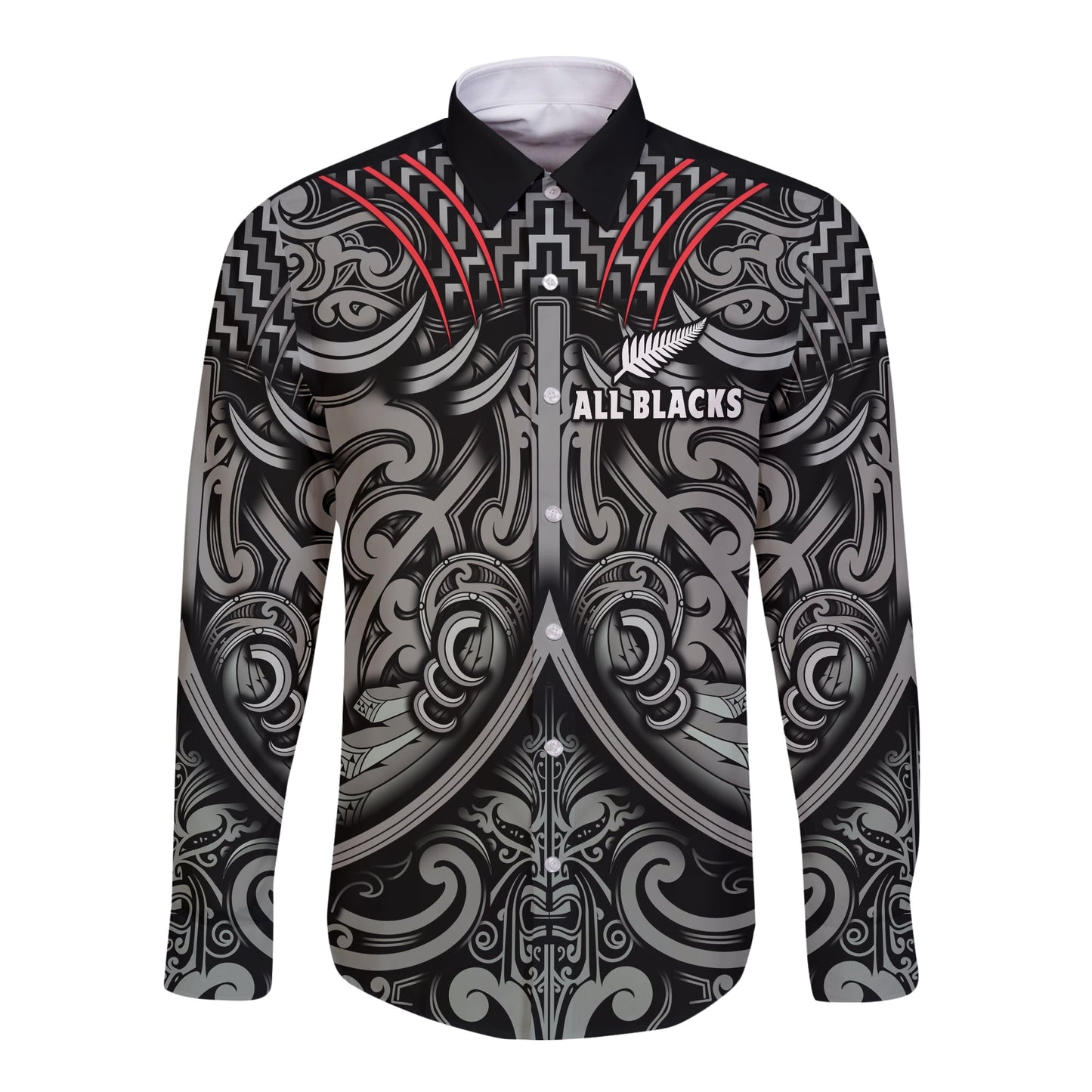 (Custom Text and Number) New Zealand Silver Fern Rugby Long Sleeve Button Shirt All Black NZ Maori Pattern