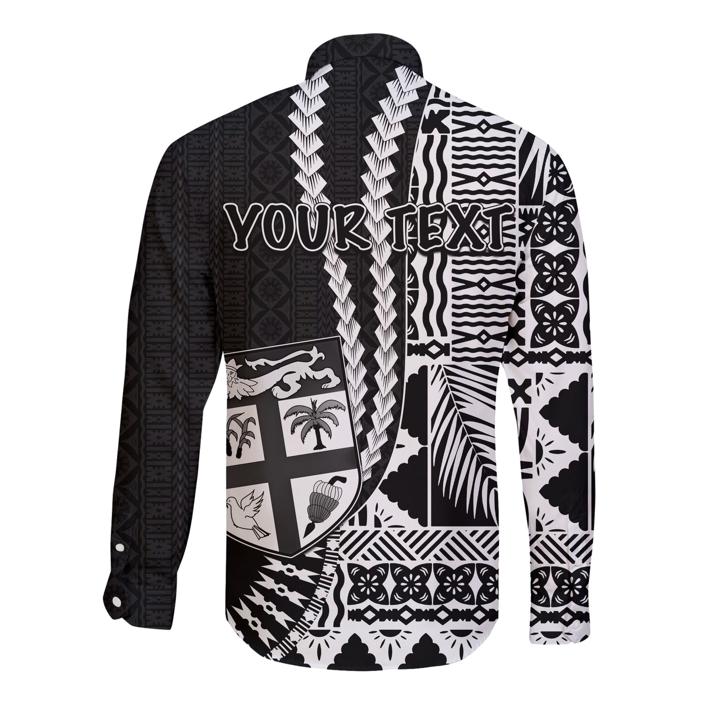 (Custom Personalised) Fiji Long Sleeve Button Shirt Masi Tapa Patterns Black Style