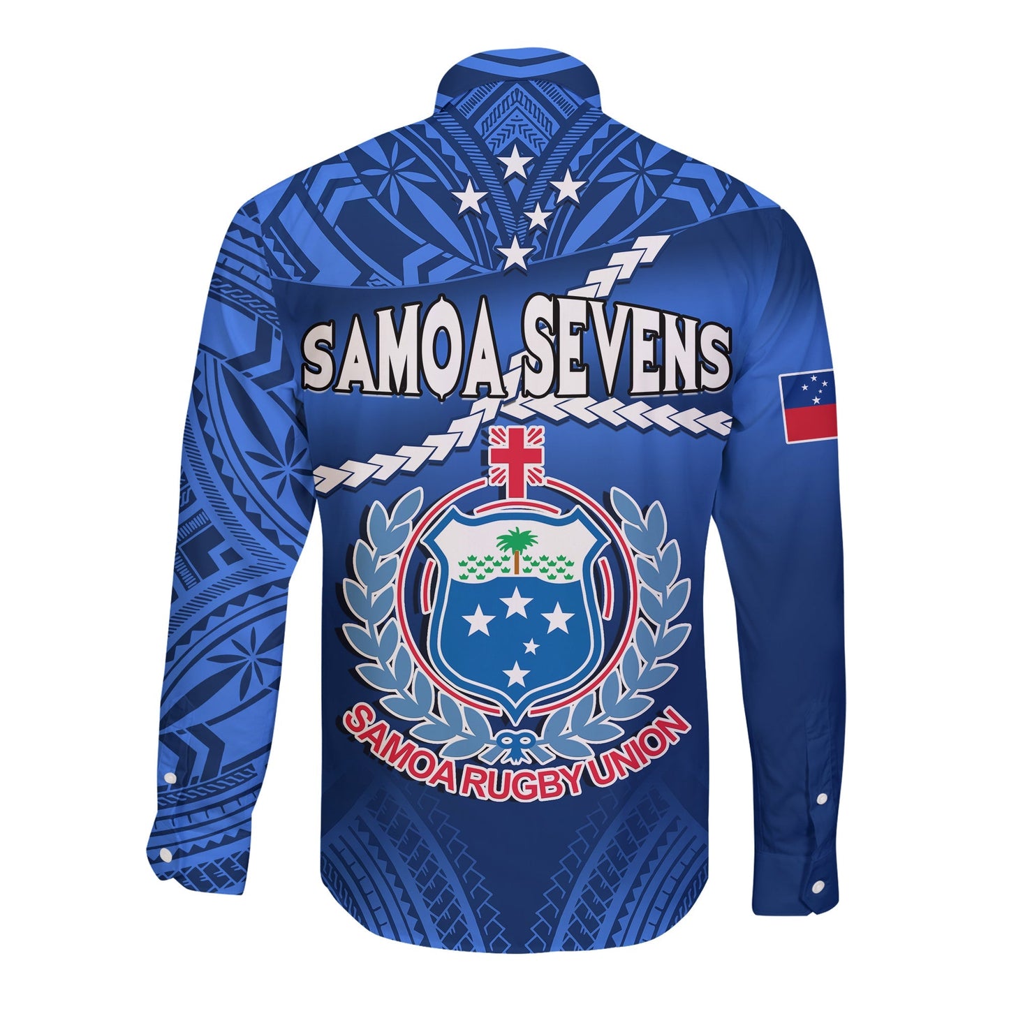 Samoa Rugby Long Sleeve Button Shirt Manu Samoa Polynesian Hibiscus Blue Style
