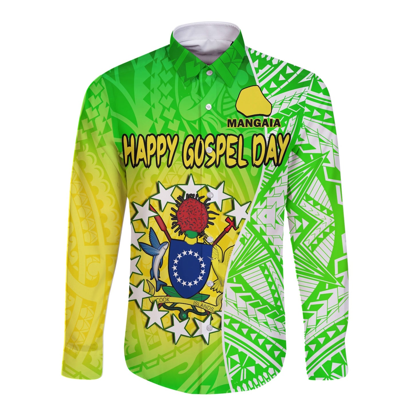Happy Mangaia Gospel Day Long Sleeve Button Shirt Cook Islands Coat Of Arms Polynesian Pattern