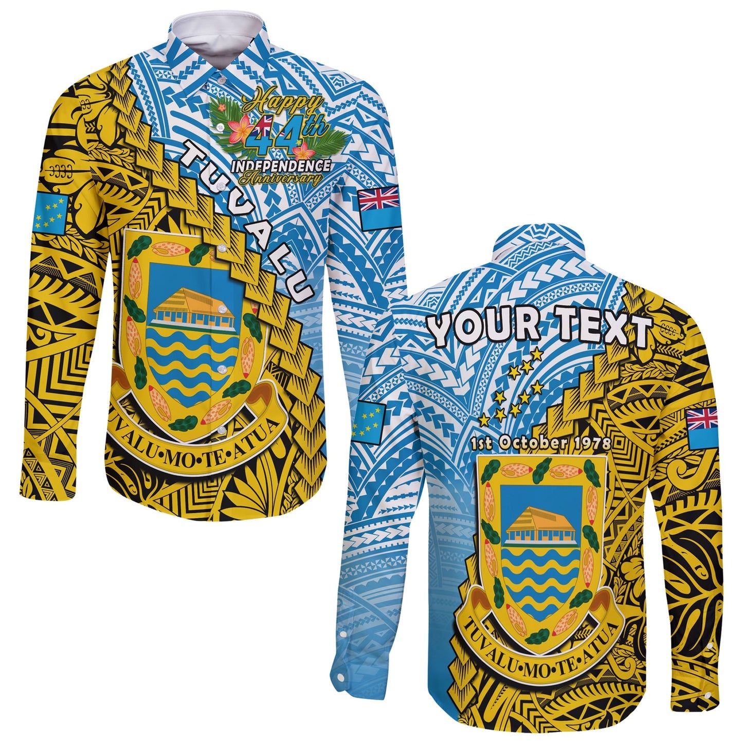 (Custom Personalised) Tuvalu 1978 Long Sleeve Button Shirt Happy 44th Independence Anniversary Polynesian Pattern