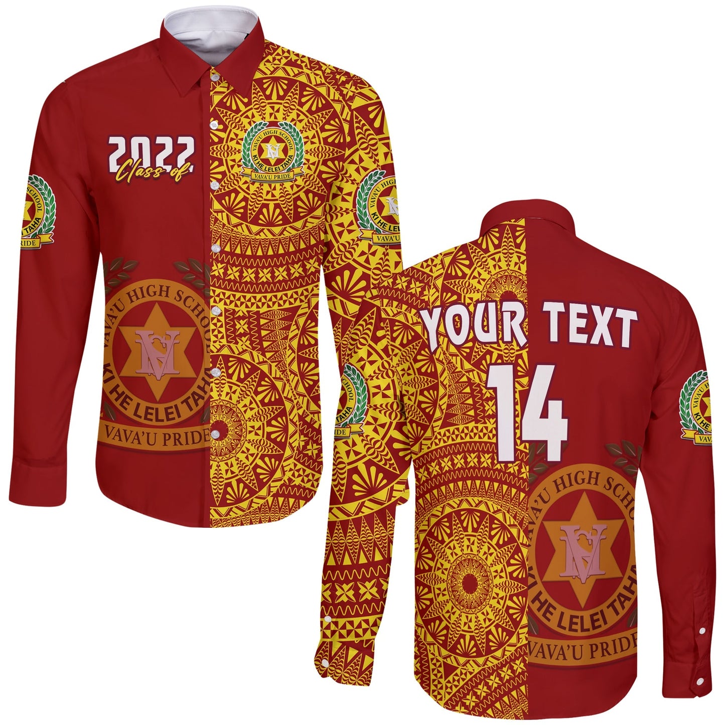(Custom Text And Number) Tonga Vavau High School Long Sleeve Button Shirt Class Of Year Tongan Ngatu Pattern