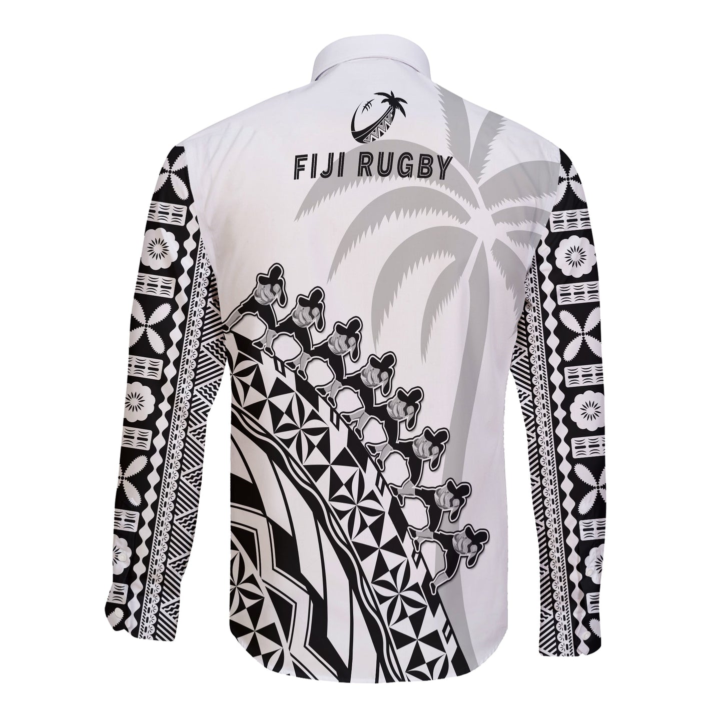 Fiji Rugby Long Sleeve Button Shirt Fijian Cibi Dance Tapa Pattern White