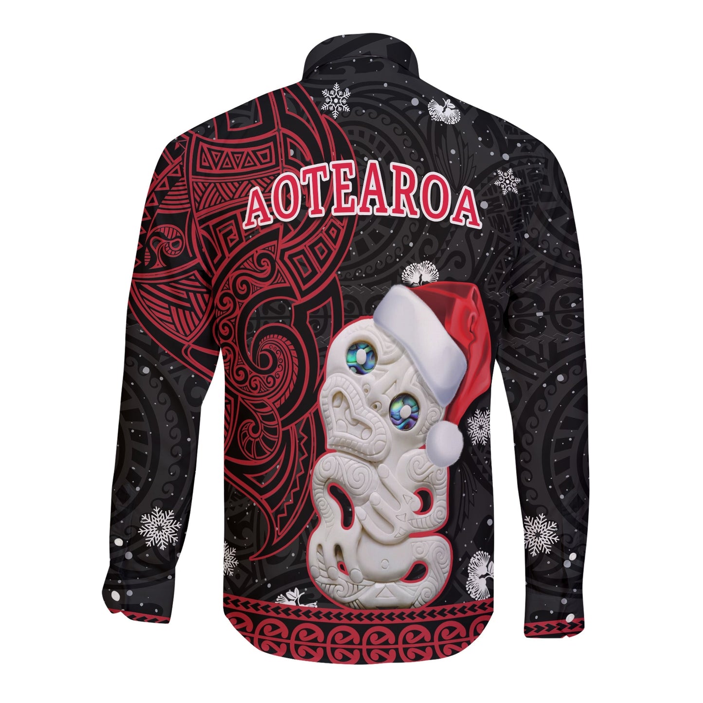 New Zealand Christmas Long Sleeve Button Shirt Hei Tiki Red Pohutukawa Meri Kirihimete