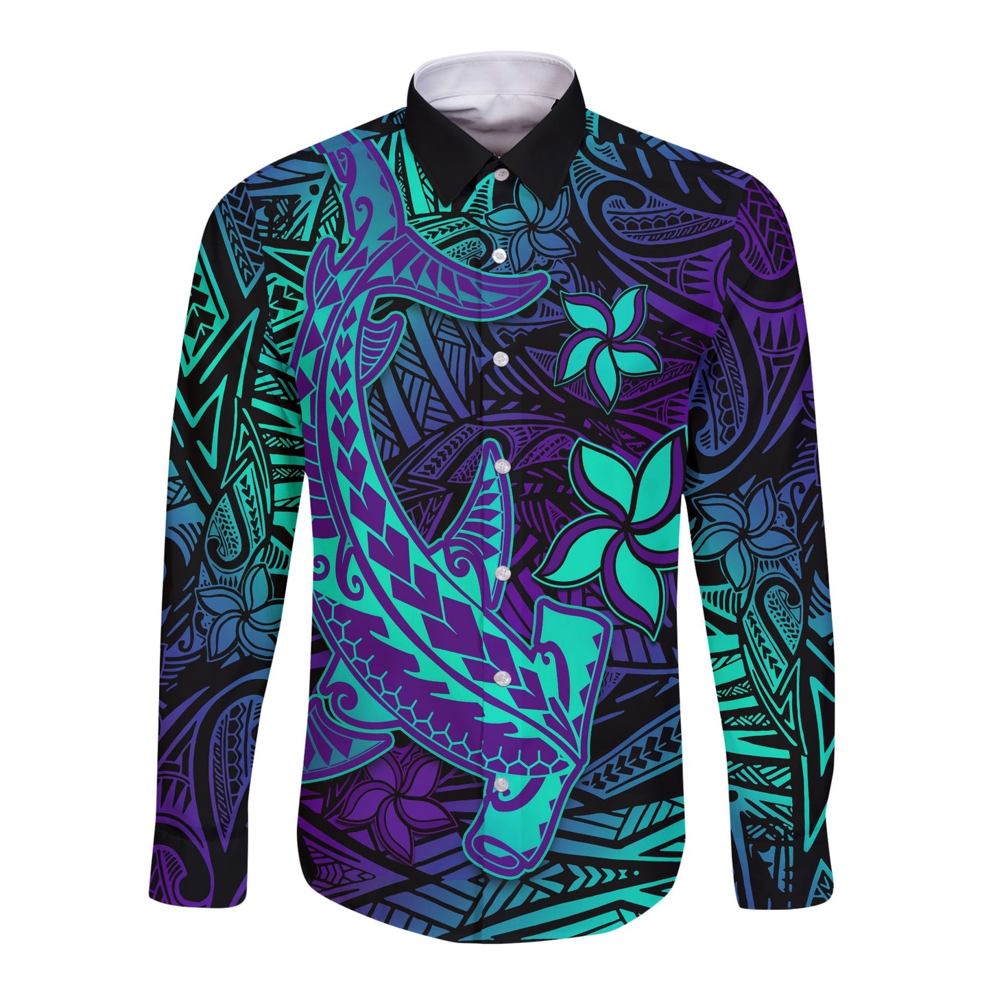 (Custom Personalised) Polynesian Long Sleeve Button Shirt Purple Paradise Hawaiian Tribal Hammerhead Shark