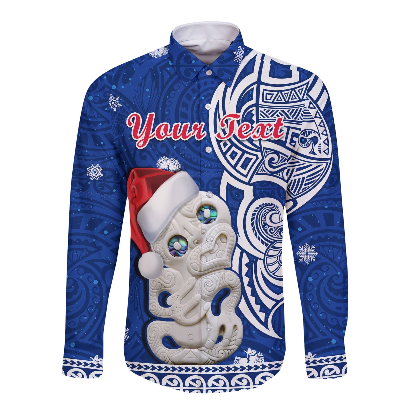 (Custom Personalised) New Zealand Christmas Long Sleeve Button Shirt Hei Tiki Blue Pohutukawa Meri Kirihimete