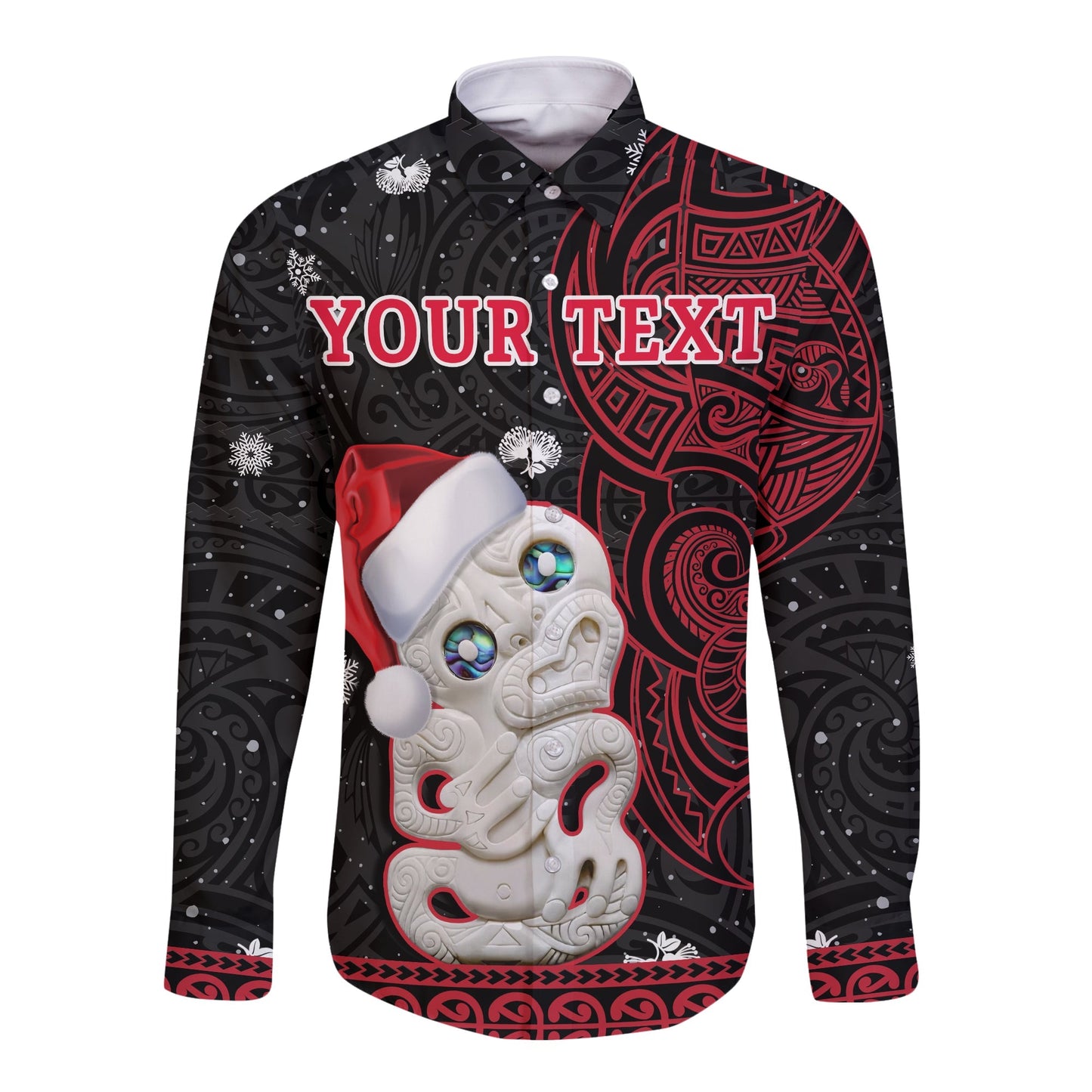 (Custom Personalised) New Zealand Christmas Long Sleeve Button Shirt Hei Tiki Red Pohutukawa Meri Kirihimete