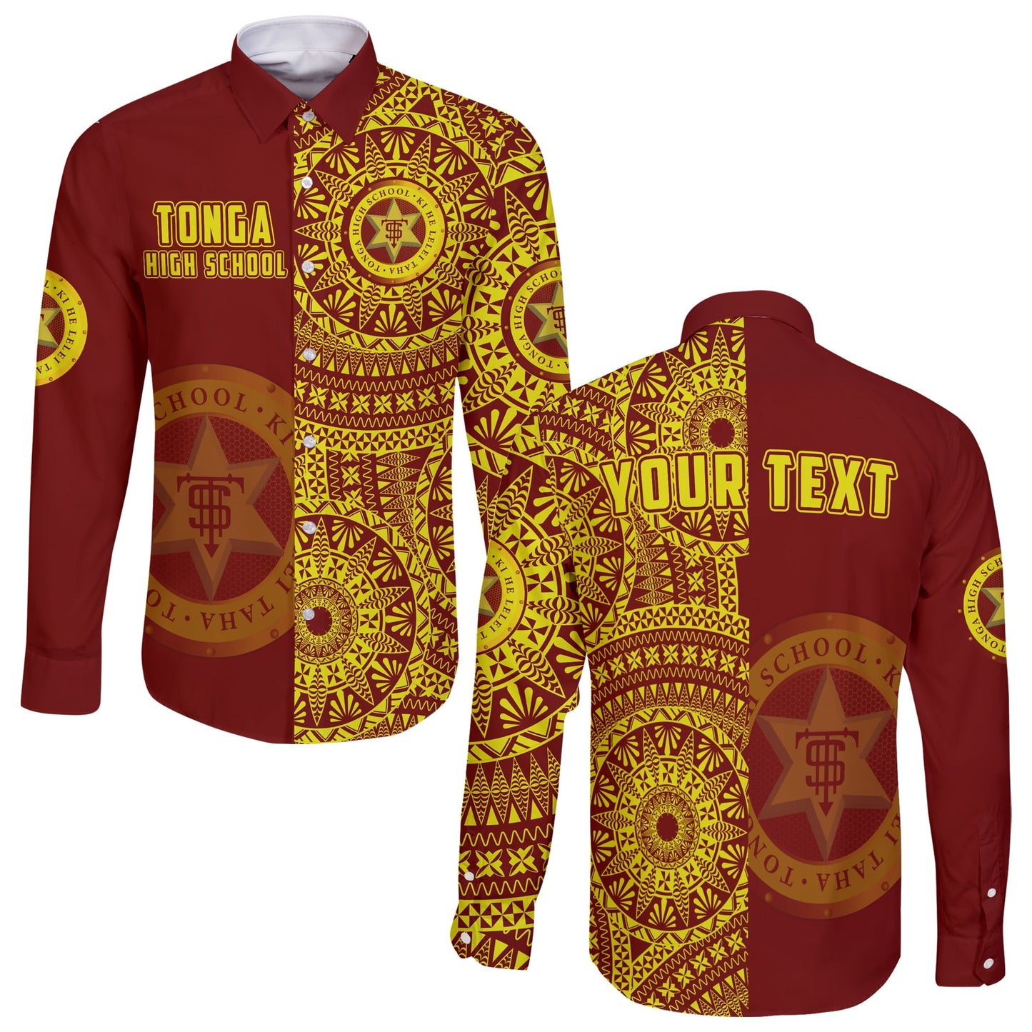 (Custom Personalised) Tonga High School Long Sleeve Button Shirt Tongan Ngatu Pattern