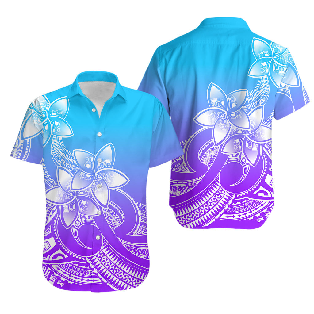 Polynesian Couple Outfits Plumeria Flowers Couples Bodycon Dress Hawaiian Shirt Polynesian Tribal Gradient Purple