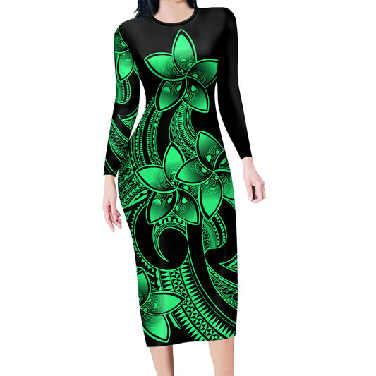 Polynesian Couple Matching Outfits Plumeria Flowers Couples Bodycon Dress Hawaiian Shirt Polynesian Tribal Green Vibe