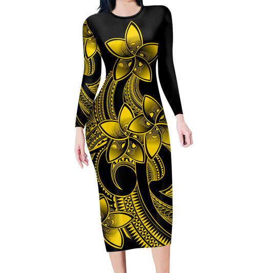 Polynesian Couple Outfits Plumeria Flowers Couples Bodycon Dress Hawaiian Shirt Polynesian Tribal Yellow Vibe