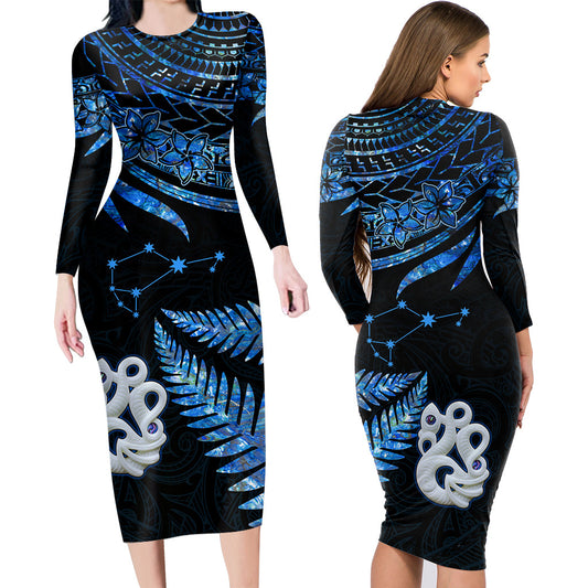 Couples Matching Hawaiian Outfits Matariki New Zealand Couples Bodycon Dress Hawaiian Shirt Manaia with Paua Shell - Blue