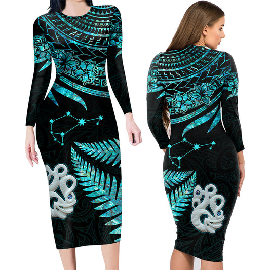 Couples Matching Hawaiian Outfits Matariki New Zealand Couples Bodycon Dress Hawaiian Shirt Manaia with Paua Shell - Aqua