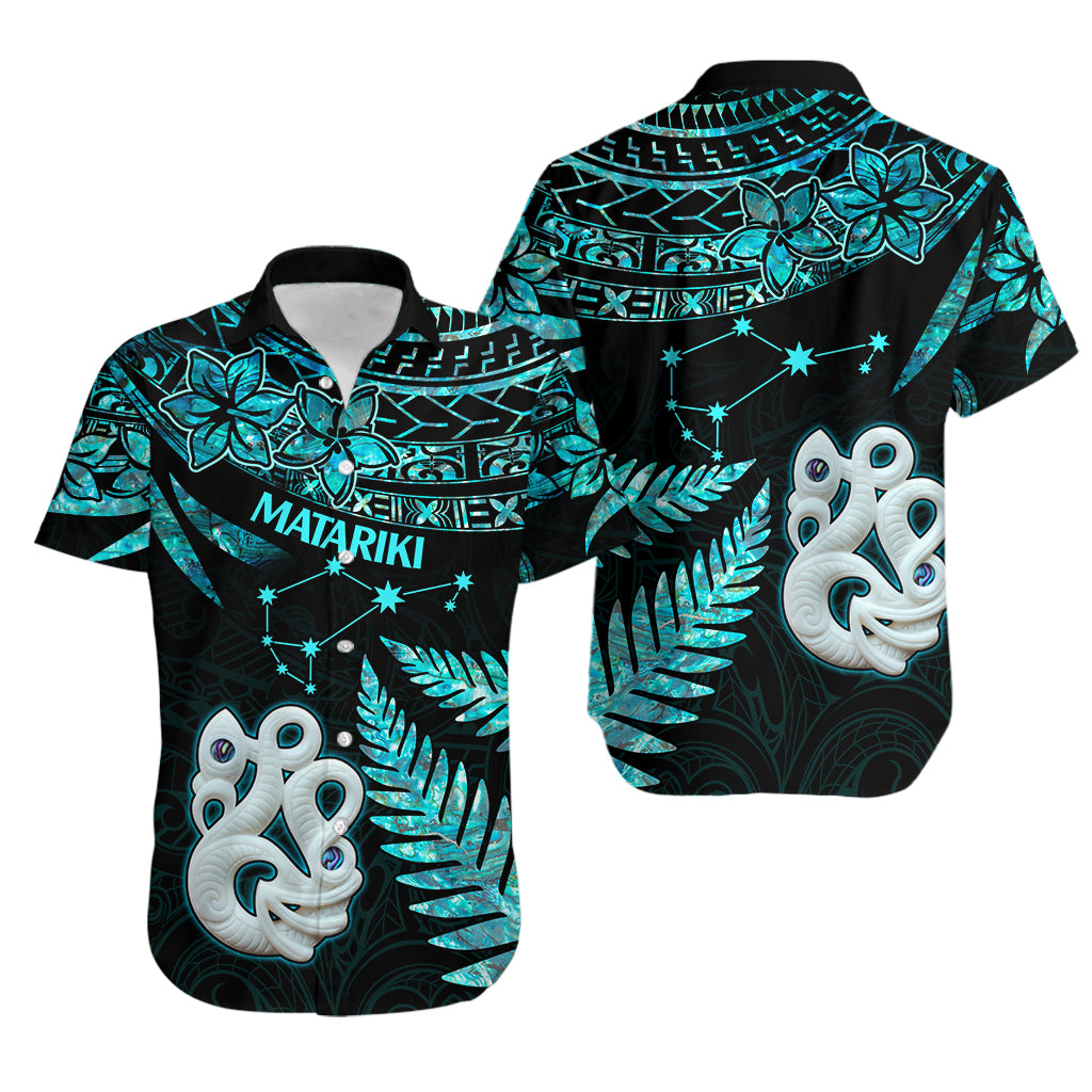 Couples Matching Hawaiian Outfits Matariki New Zealand Couples Bodycon Dress Hawaiian Shirt Manaia with Paua Shell - Aqua