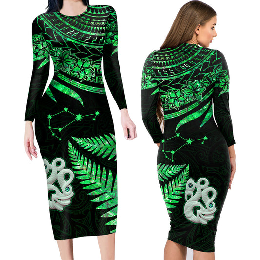 Couples Matching Hawaiian Outfits Matariki New Zealand Couples Bodycon Dress Hawaiian Shirt Manaia with Paua Shell - Green
