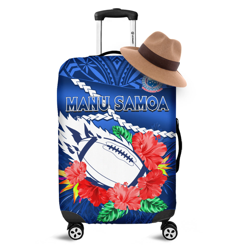 Samoa Rugby Luggage Cover Manu Samoa Polynesian Hibiscus Blue Style Ver.02