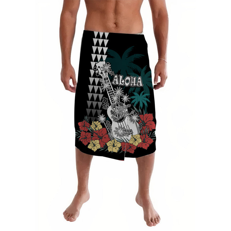 Hawaii Ukulele Mix Hibiscus and Coconut Tree Lavalava Aloha Vintage Black Version
