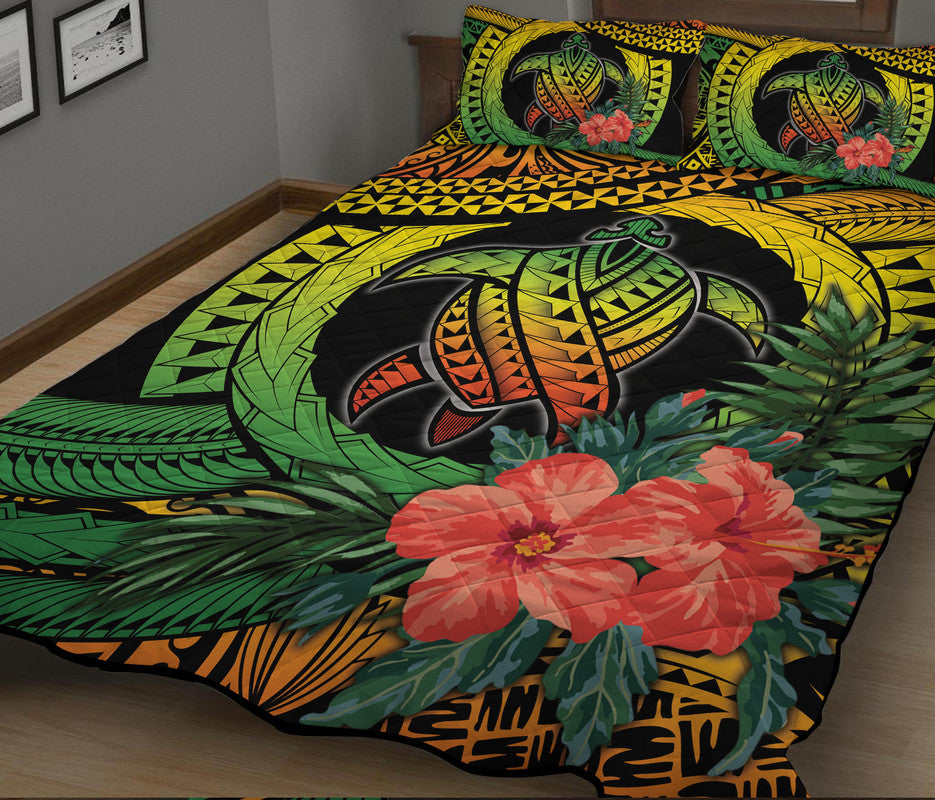 Polynesian Turtle Quilt Bed Set Circle Turtle Hibiscus Reggae