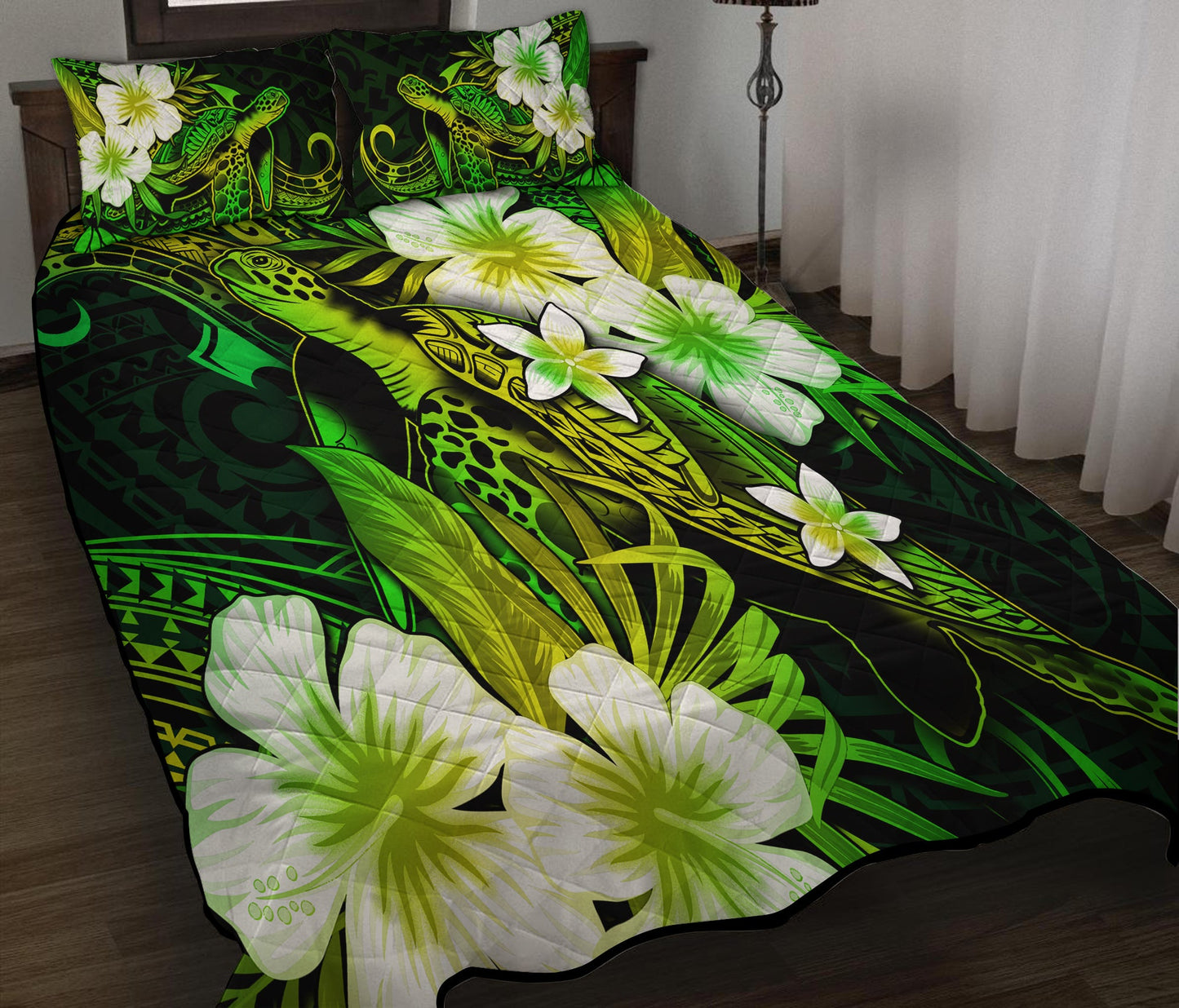 Polynesian Turtle Quilt Bedd Set With Hibiscus Color No.2