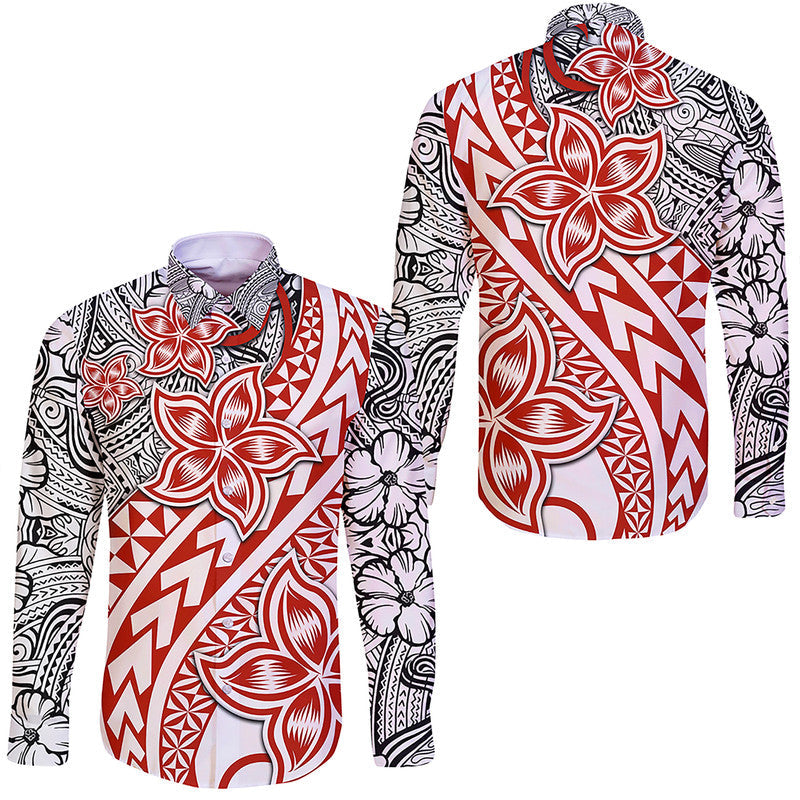 Traditional Polynesian Tribal Tattoo Retro Hawaii Long Sleeve Button Shirt Red