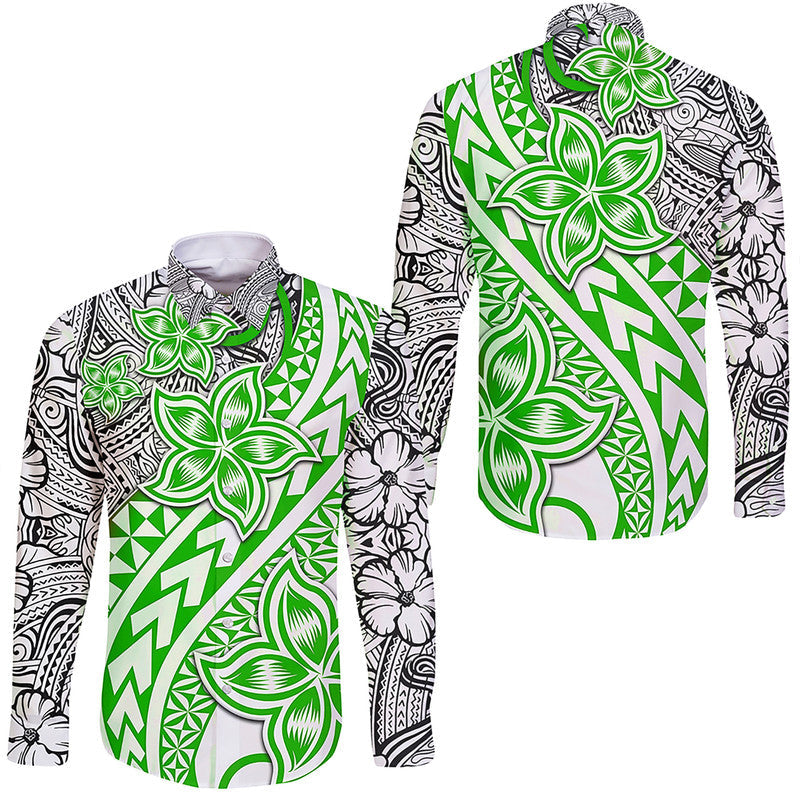 Traditional Polynesian Tribal Tattoo Retro Hawaii Long Sleeve Button Shirt Green