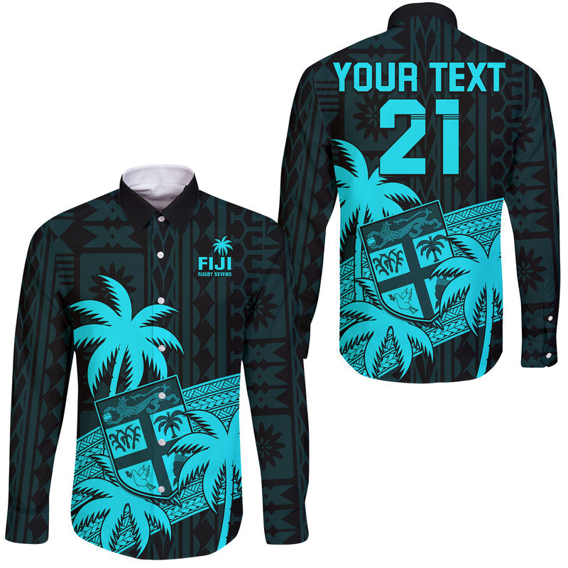 (Custom Personalised) Fiji Rugby Sevens Long Sleeve Button Shirt Tapa Palm Tree and Fijian Coat of Arms