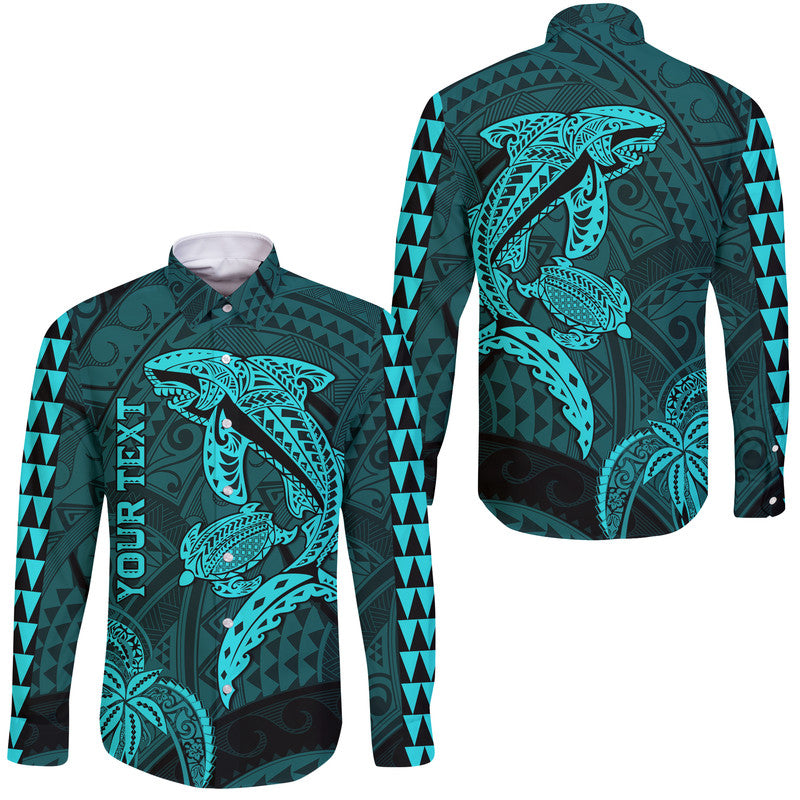 (Custom Personalised) Hawaii Hawaii Long Sleeve Button Shirt Shark and Turtle Mix Kakau Turquoise