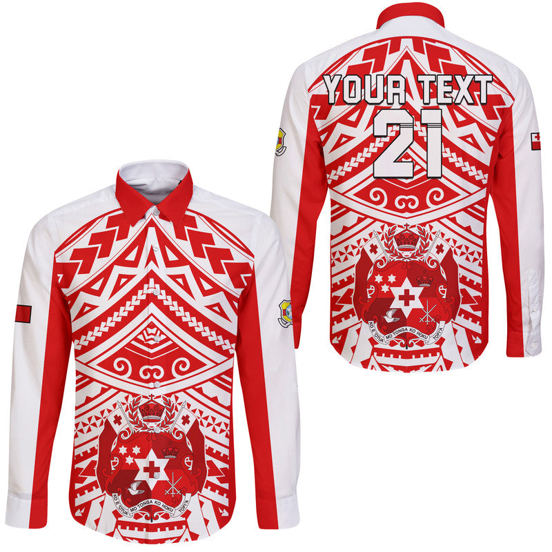 (Custom Text And Number) Tonga Rugby Sevens Hawaii Long Sleeve Button Shirt Coat of Arms Tribal Polynesian Pattern