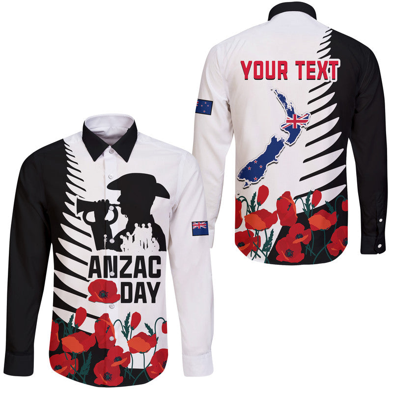 (Custom Personalised) New Zealand ANZAC Day Hawaii Long Sleeve Button Shirt Military Silver Ferns and Red Poppy