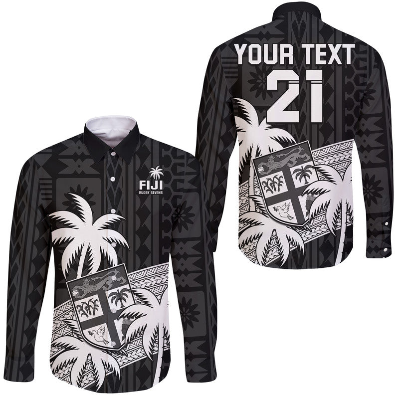(Custom Text And Number) Fiji Rugby Sevens Hawaii Long Sleeve Button Shirt Tapa Palm Tree and Fijian Coat of Arms