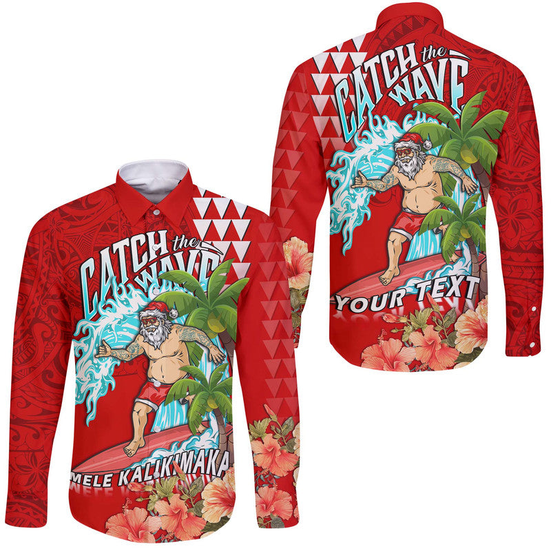 (Custom Personalised) Hawaii Mele Kalikimaka Hawaii Long Sleeve Button Shirt Santa Claus Surfing Xmas Time