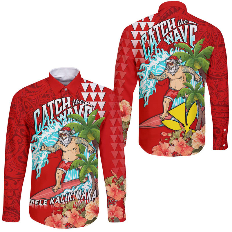 Hawaii Mele Kalikimaka Hawaii Long Sleeve Button Shirt Santa Claus Surfing Xmas Time