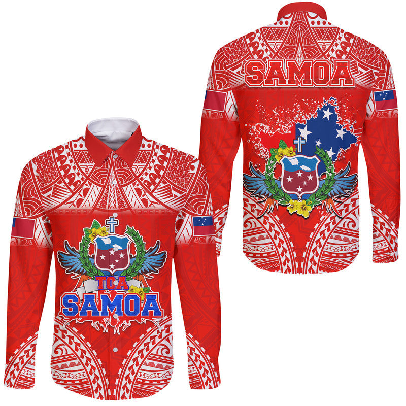 Toa Samoa Polynesian Rugby Hawaii Long Sleeve Button Shirt Samoan Flag Red Color