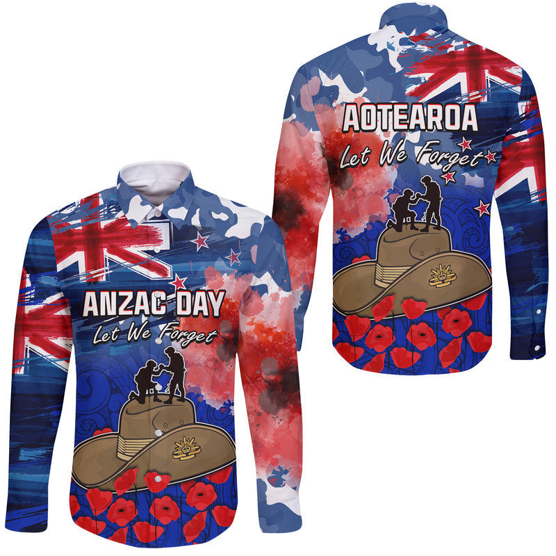 New Zealand ANZAC Day Hawaii Long Sleeve Button Shirt Grunge Aotearoa Flag and Red Poppy