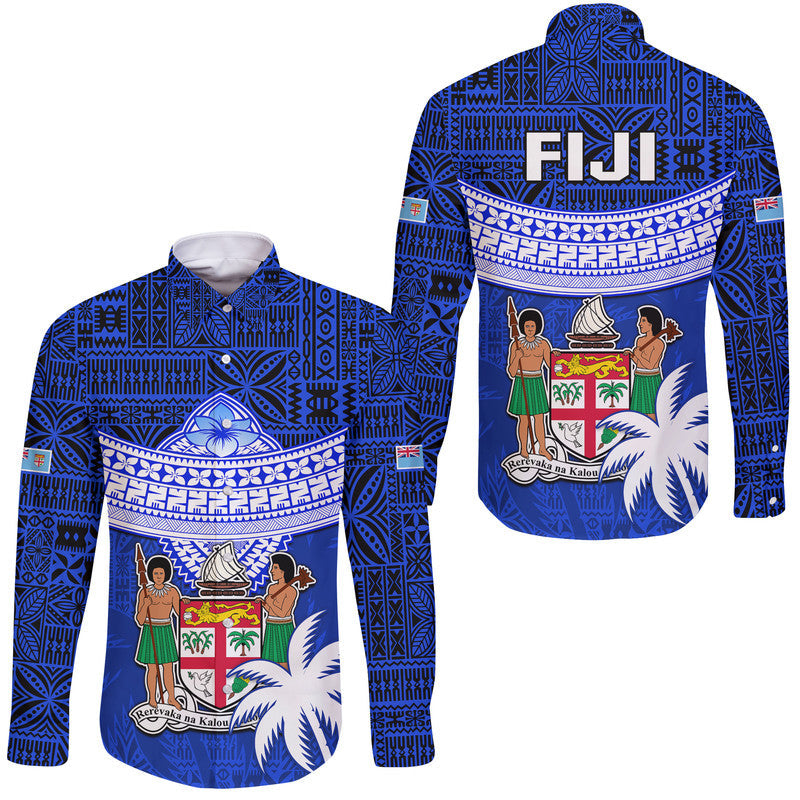 Fiji Coat Of Arms Hawaii Long Sleeve Button Shirt Polynesian Tapa Palm Tree