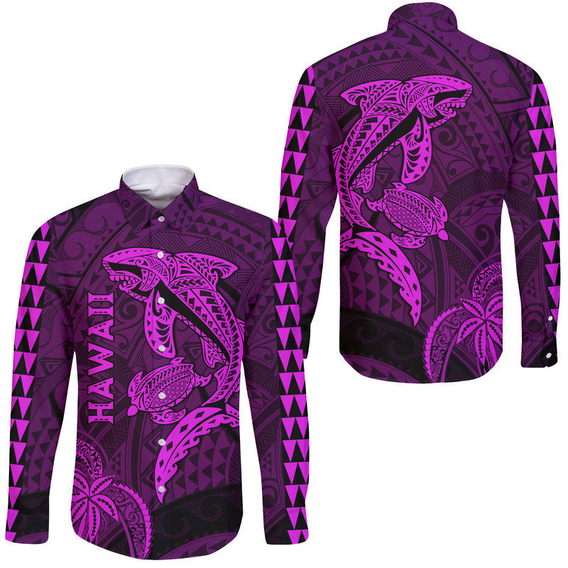 Hawaii Hawaii Long Sleeve Button Shirt Shark and Turtle Mix Kakau Purple