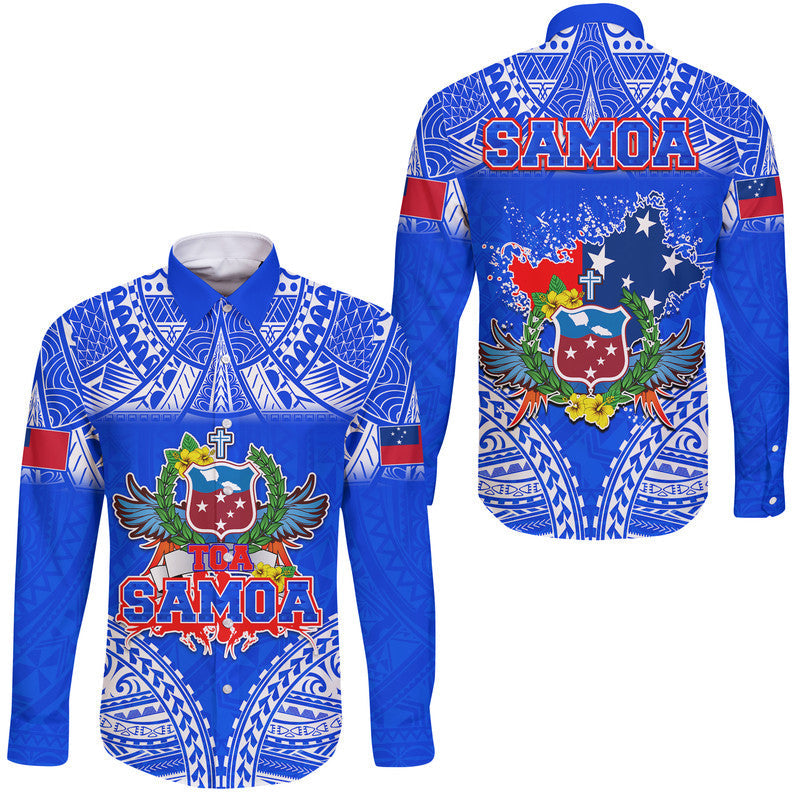 Toa Samoa Polynesian Rugby Hawaii Long Sleeve Button Shirt Samoan Flag Blue Color