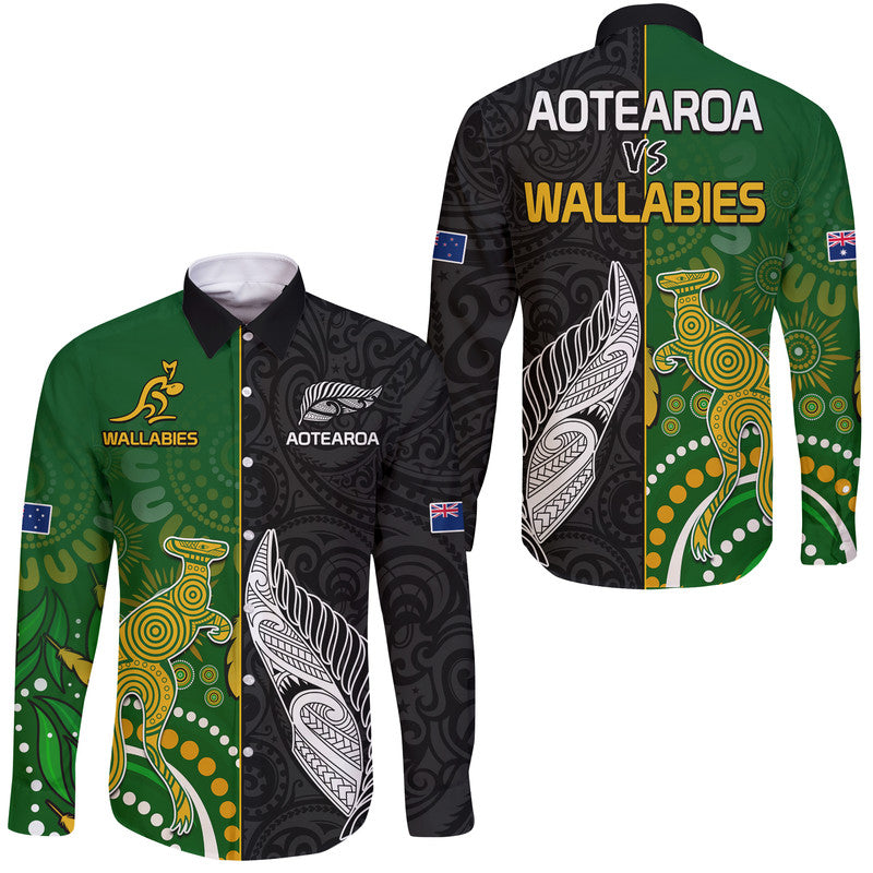 Aotearoa Rugby All Black Combine Australia Wallabies Hawaii Long Sleeve Button Shirt Aboriginal Kangaroo And Maori Fern
