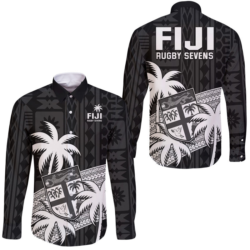 Fiji Rugby Sevens Hawaii Long Sleeve Button Shirt Tapa Palm Tree and Fijian Coat of Arms