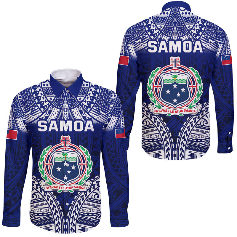 Samoa Coat Of Arms Hawaii Long Sleeve Button Shirt Polynesian Pattern
