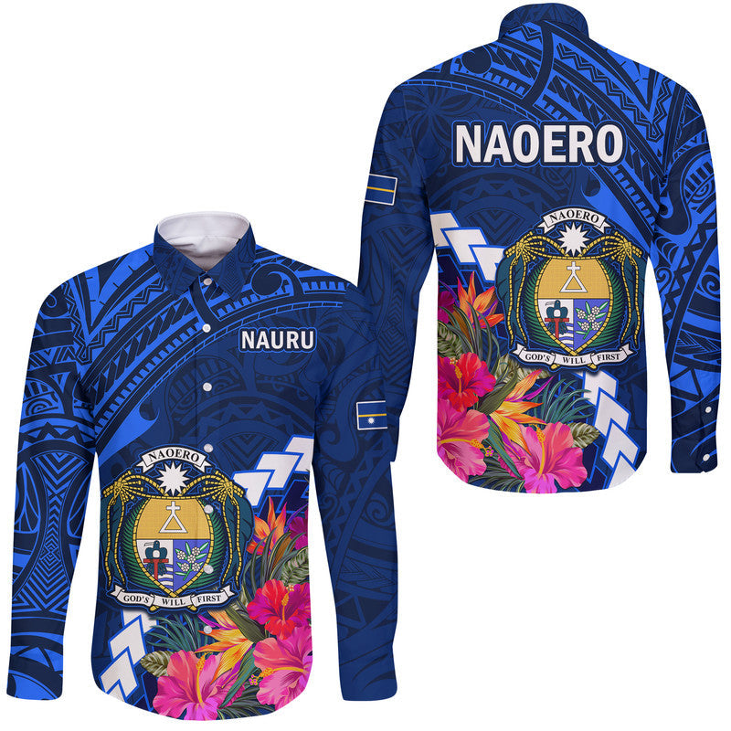 Nauru Coat of Arms Hawaii Long Sleeve Button Shirt Polynesian Tropical