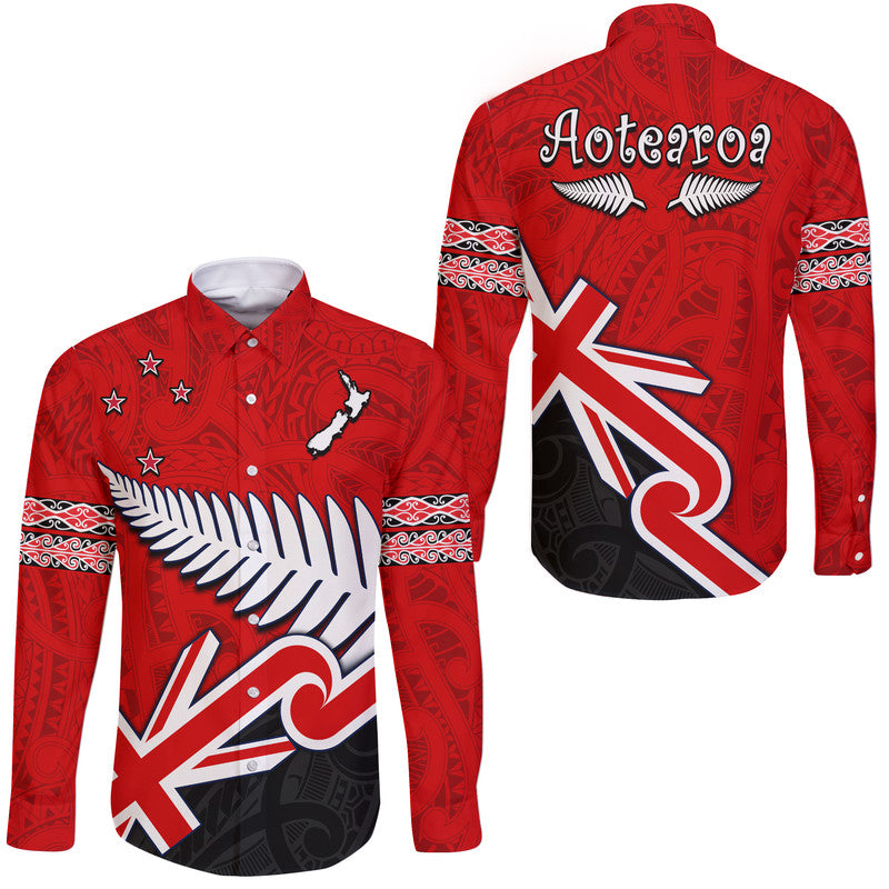 Waitangi Hawaii Long Sleeve Button Shirt Aotearoa Tino Rangatiratanga Flag with Silver Fern