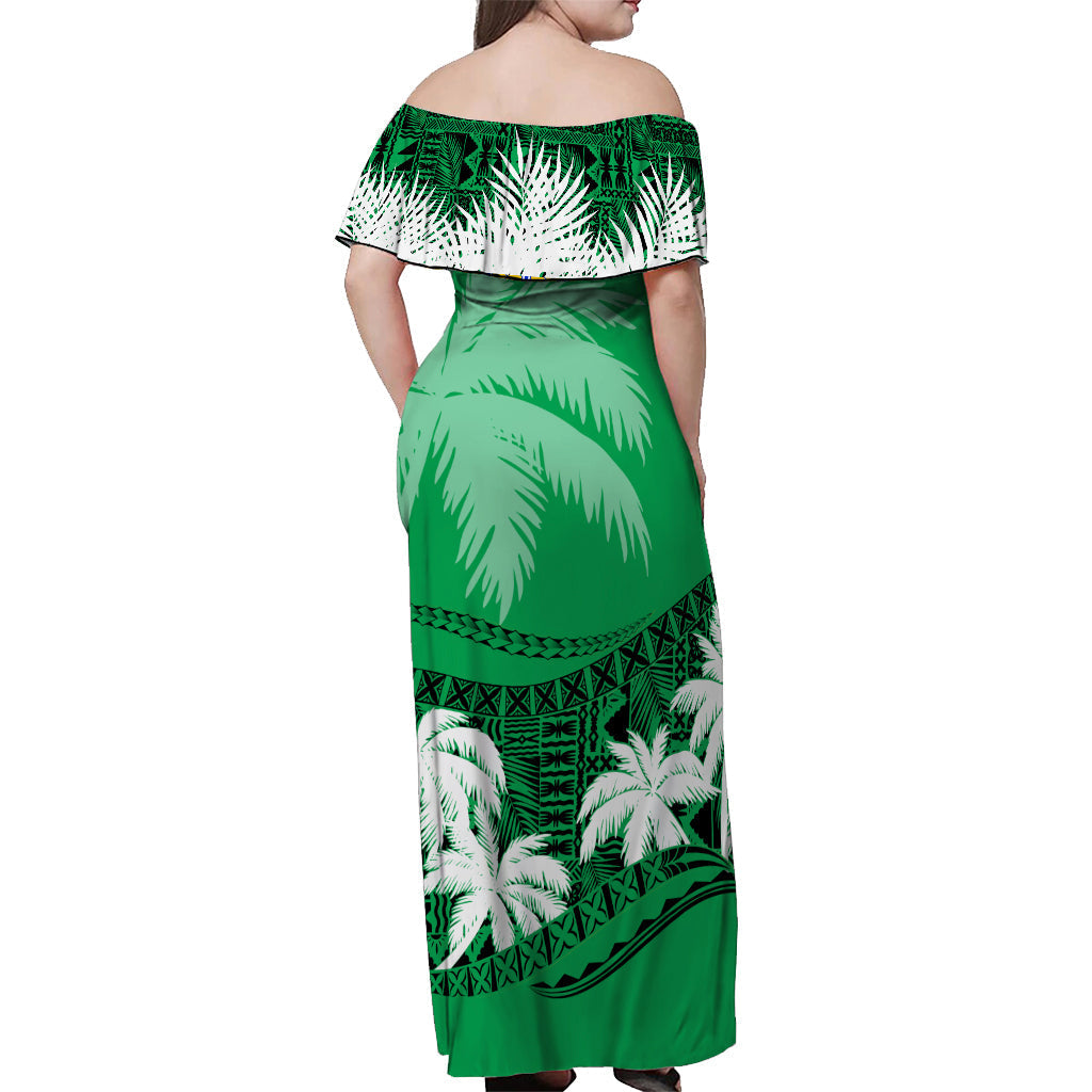 Fiji Day Off Shoulder Long Dress Flying Fijians Masi Kesa Style Green
